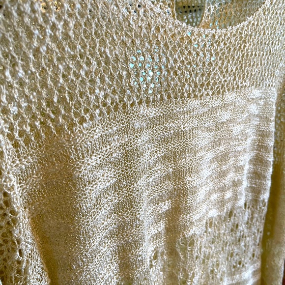 RELATIVITY NWOT FRINGED CROCHET OPEN KNIT POM POM SUMMER SWEATER W GOLD SHIMMER - Picture 9 of 11